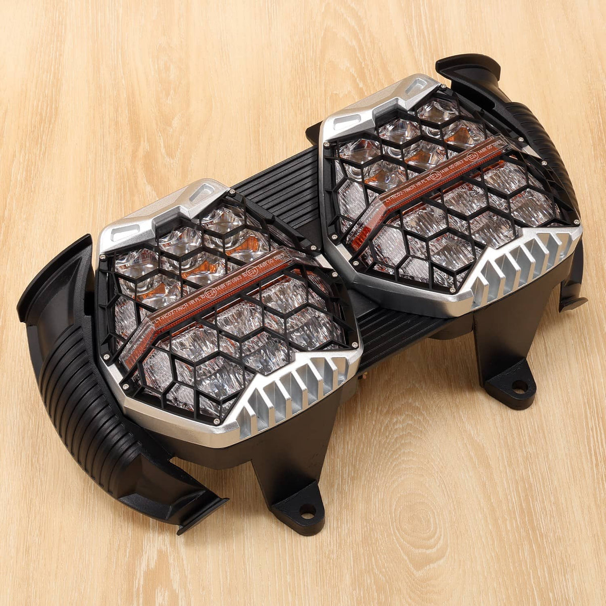 Dual LED projector headlight set with black housings and hex LED lens panels