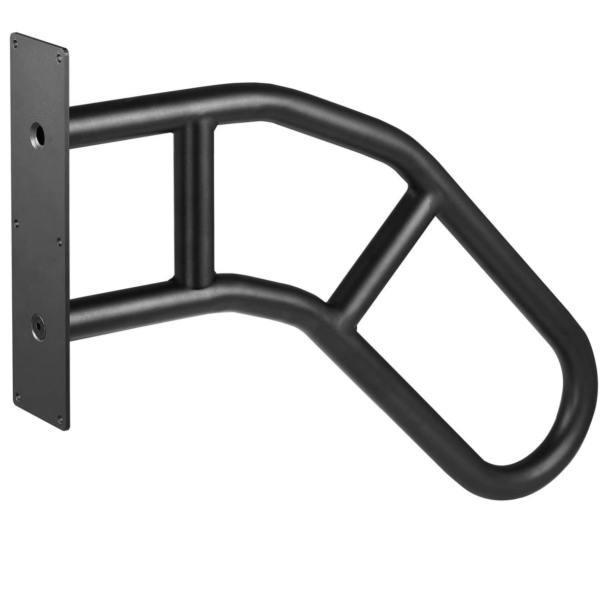 Matte black wall-mounted handrail with curved grip and rectangular mounting plate