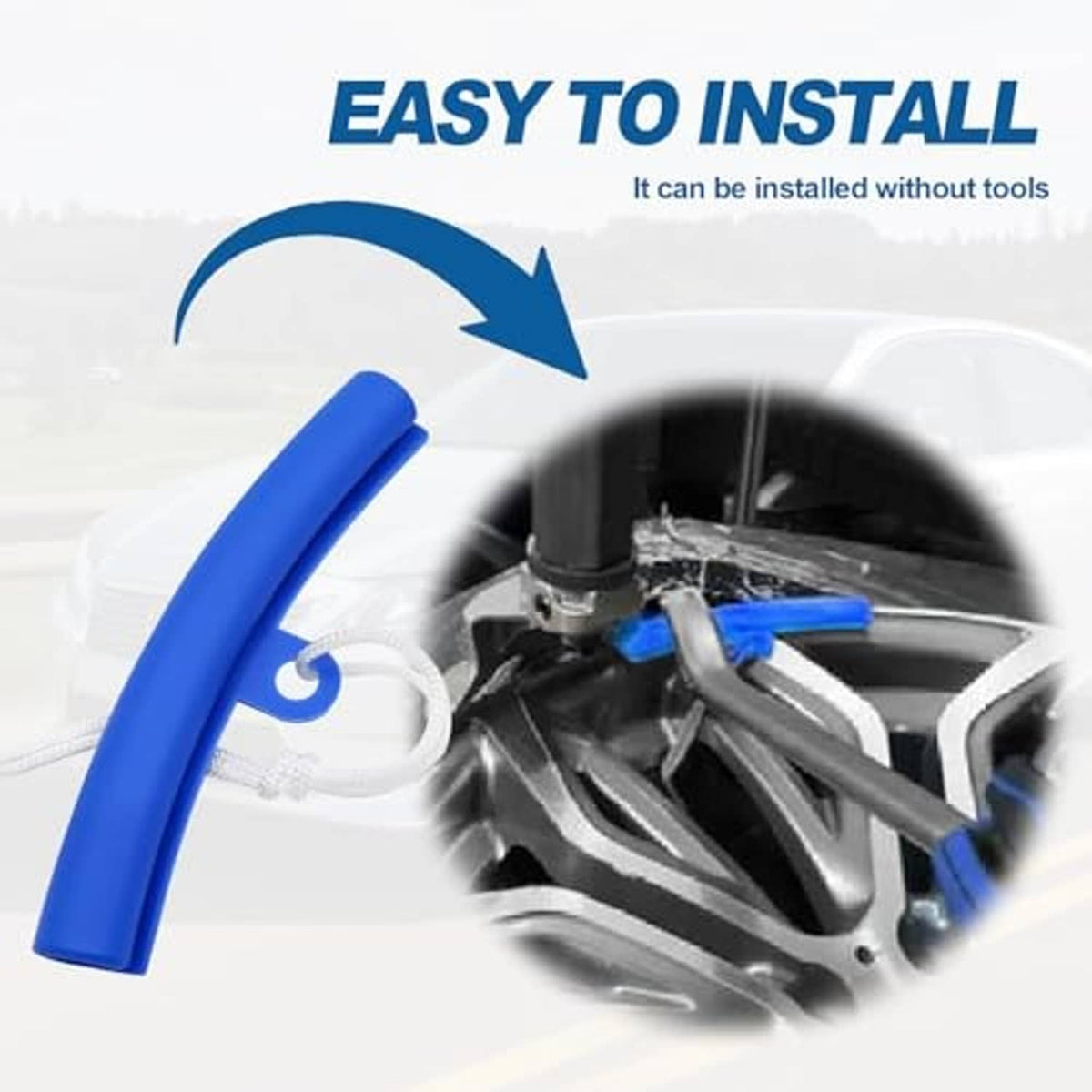 Blue rim protector guards placed on wheel during tire change, with white cord