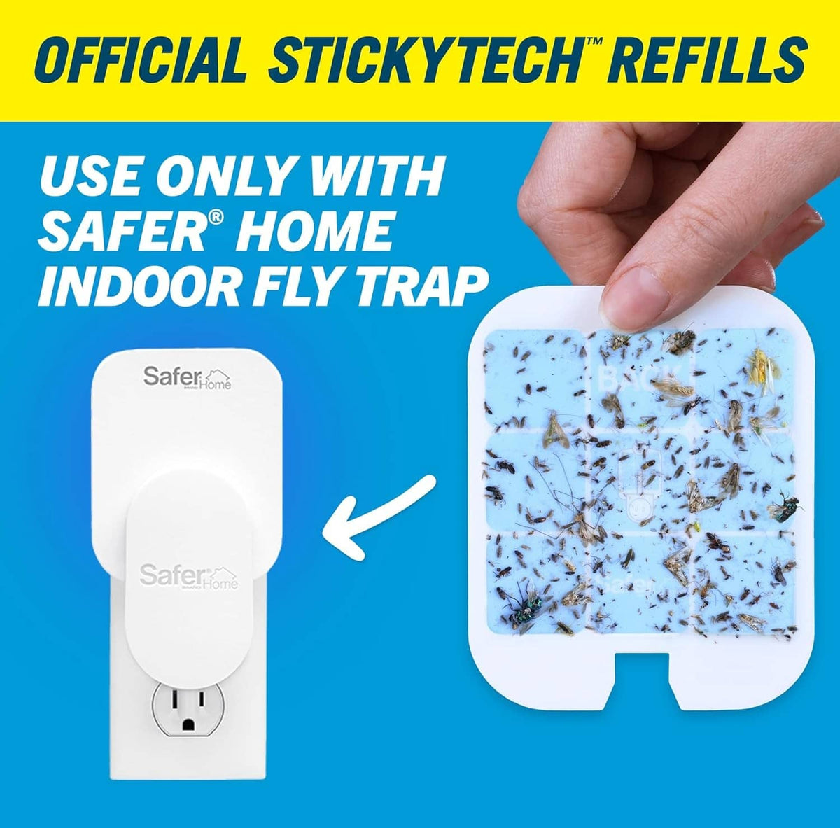 Safer Home StickyTech glue card refill shown with hand holding a loaded glue card