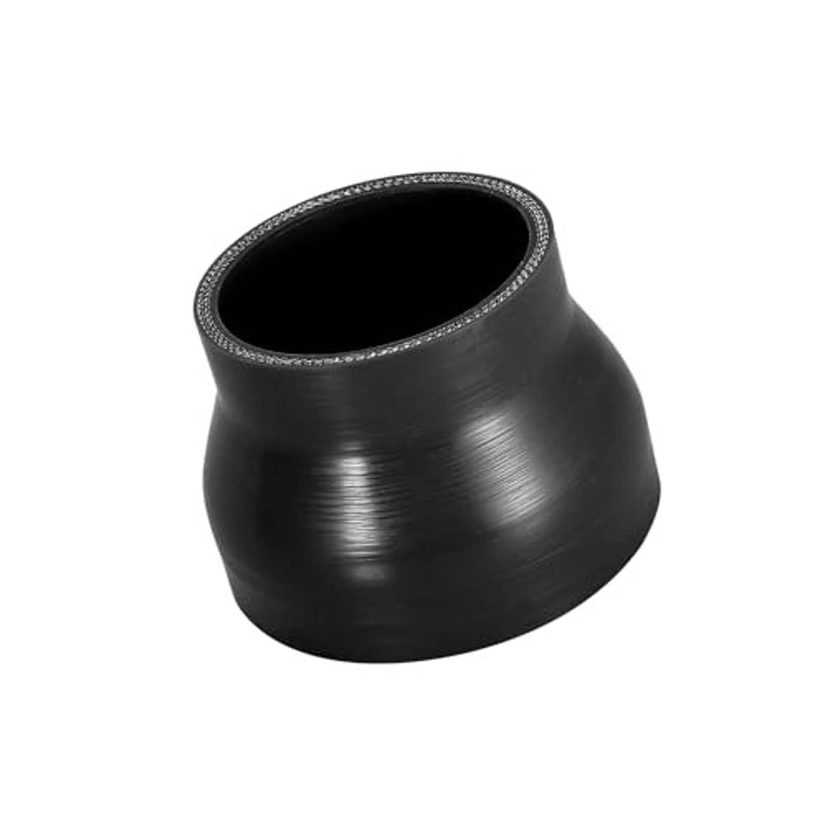Black silicone reducer hose coupler with curved flared mouth, straight design