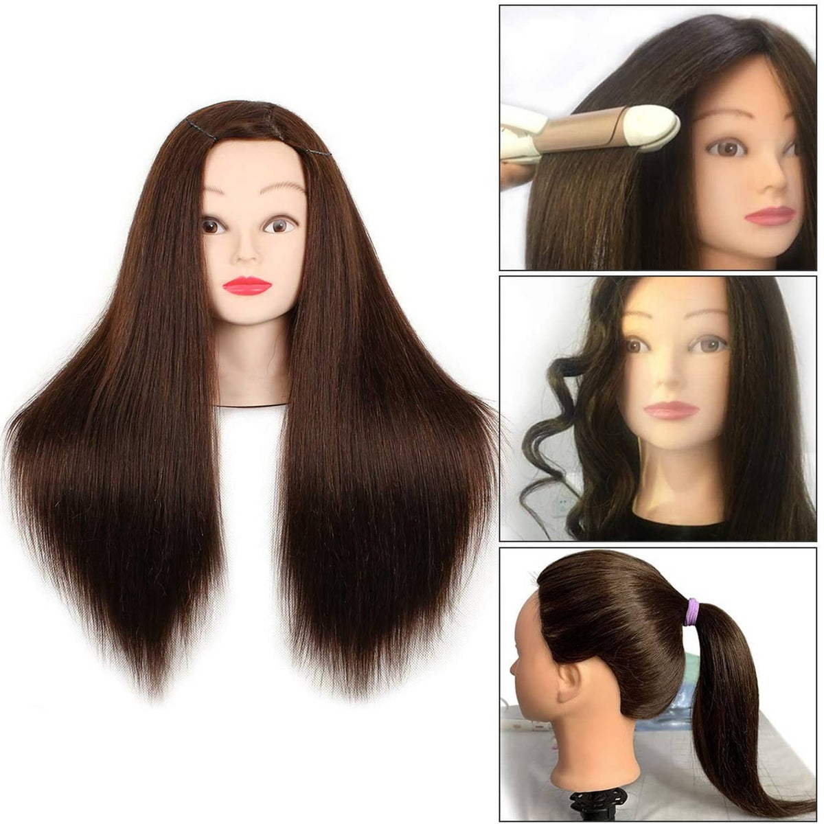 Brown human hair training practice head mannequin, side view with long straight hair