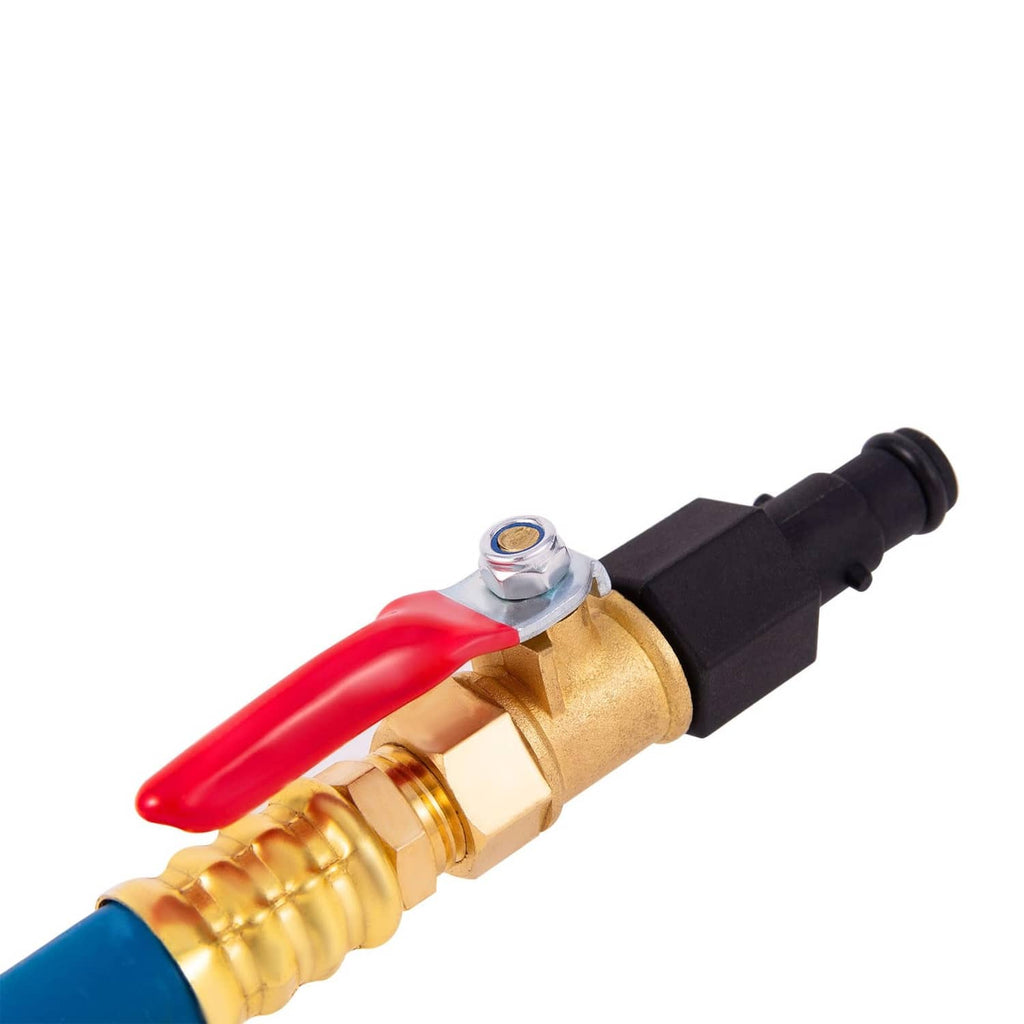 Inline brass ball valve with red lever and blue hose connector