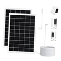 Two solar panels with cable and mounting parts, black grid with white frame