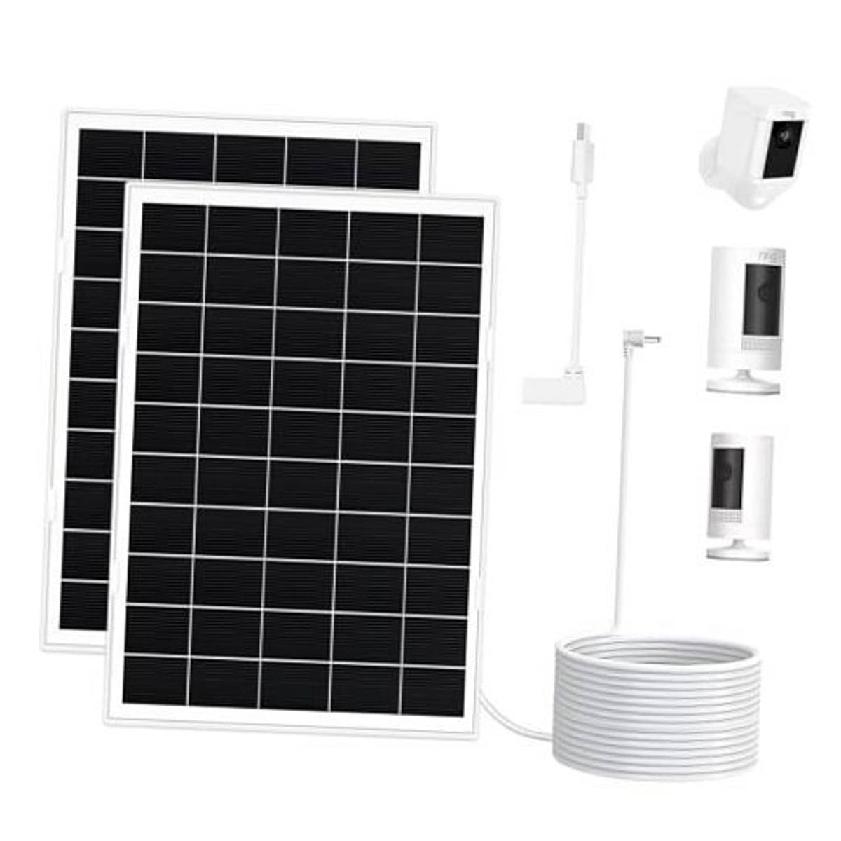 Two solar panels with cable and mounting parts, black grid with white frame
