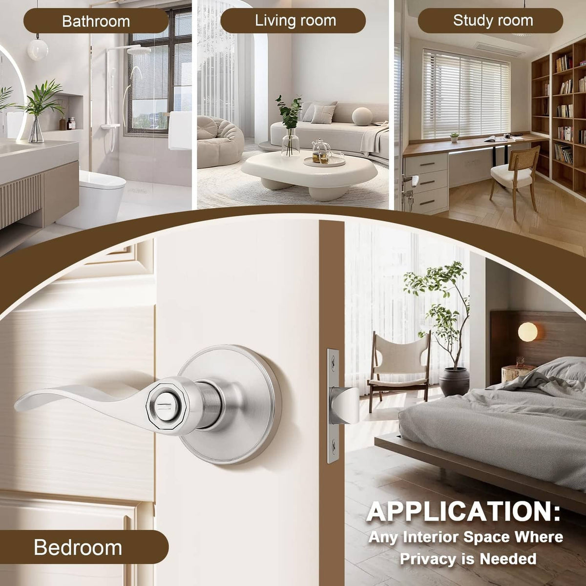 Brushed nickel privacy door handle installed on an interior door
