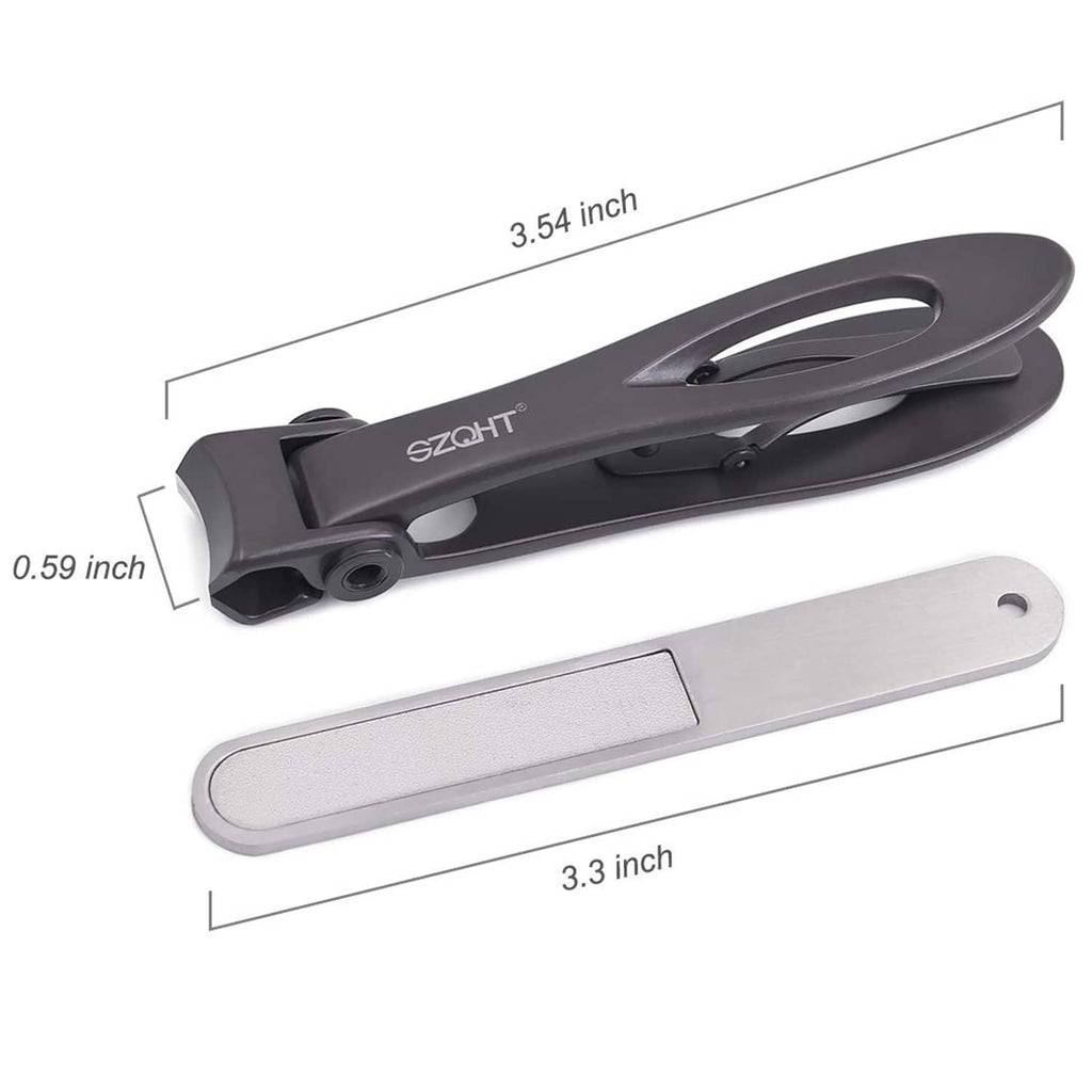 Dark grey nail clippers with attached silver nail file bar, size measurement diagram