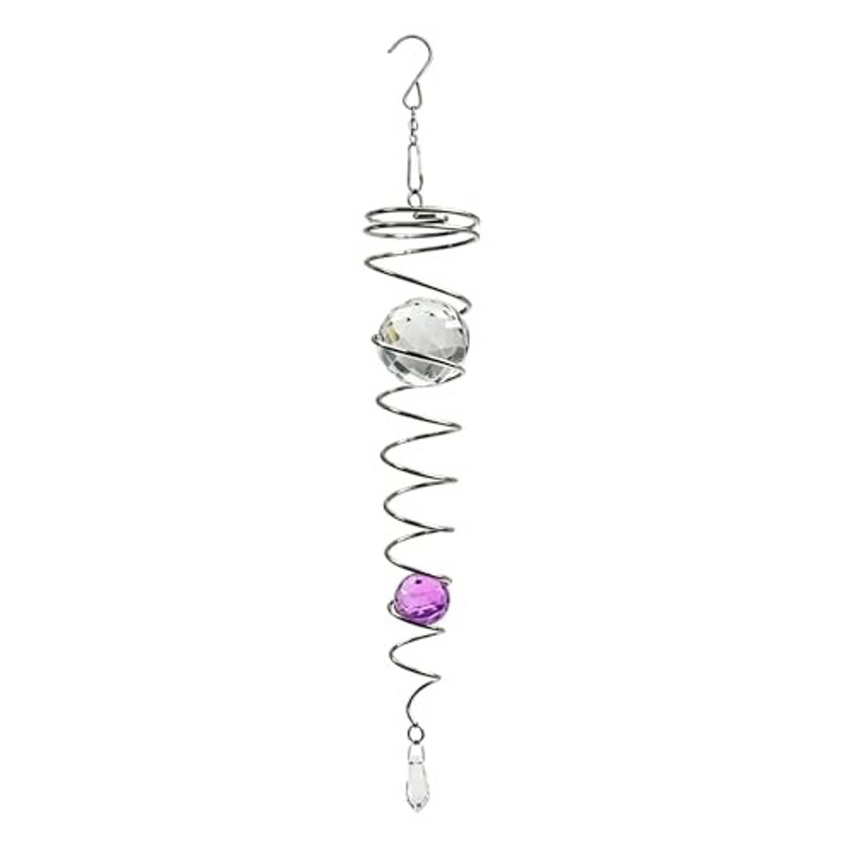 Silver spiral wind spinner with clear crystal gazing ball, purple bead, and hanging hook