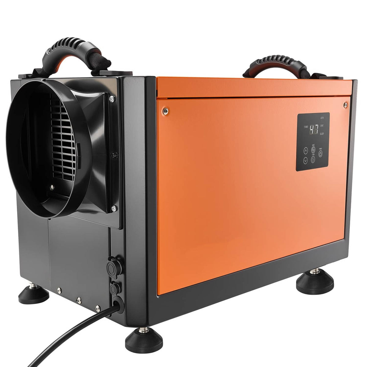 Orange commercial dehumidifier showing front fan and control panel with black hose