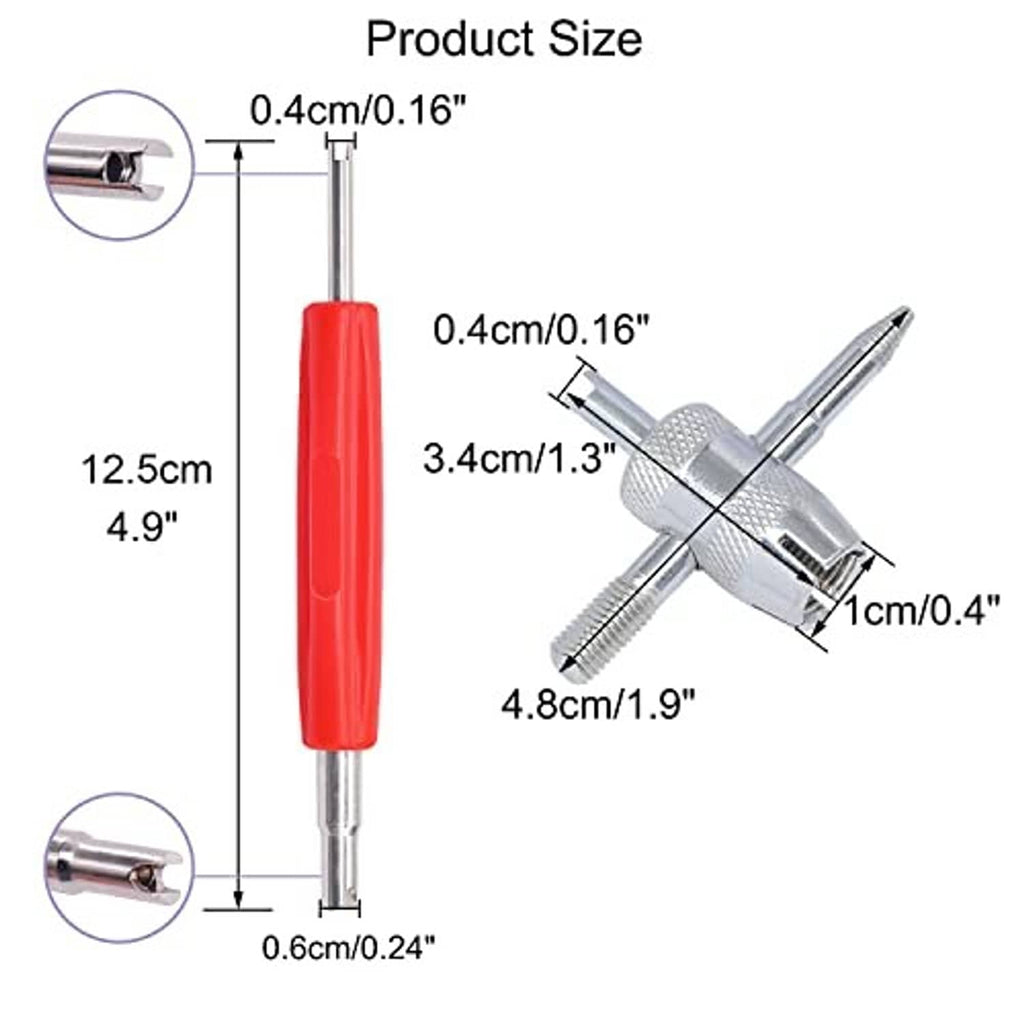 Red-handled valve core remover with silver cross-head and slim rods; size details
