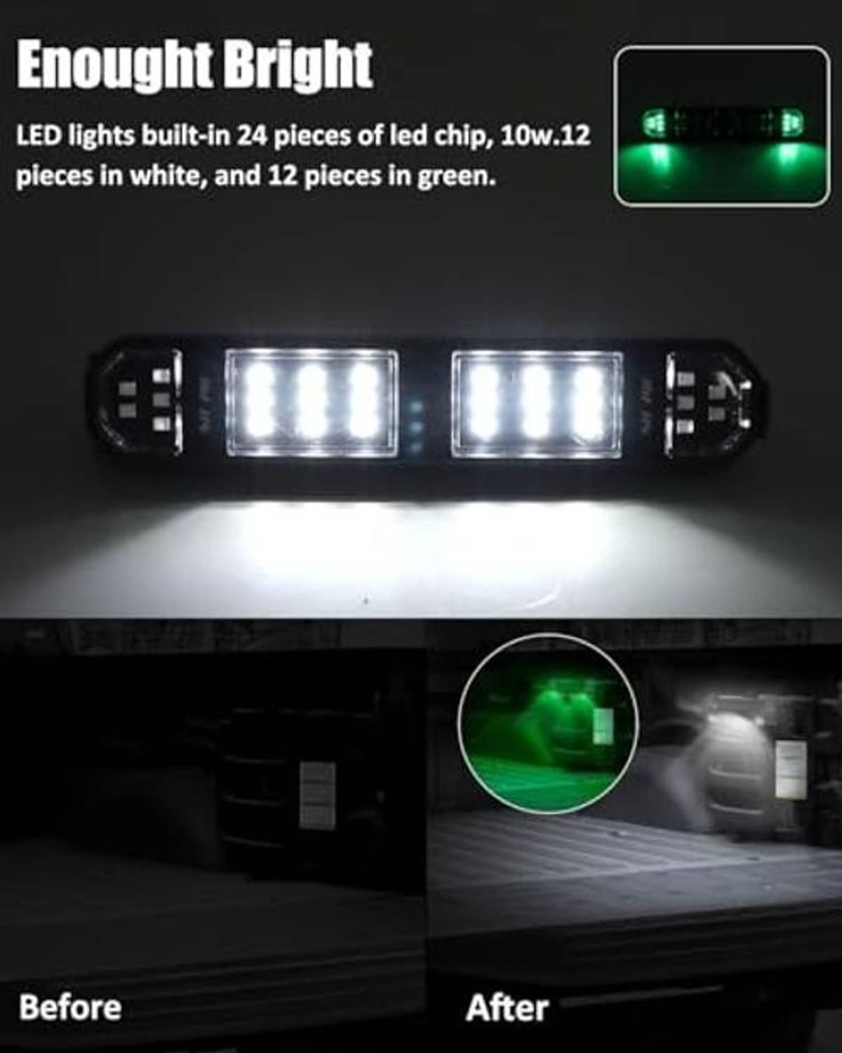 LED light bar with bright white LEDs and green illumination option
