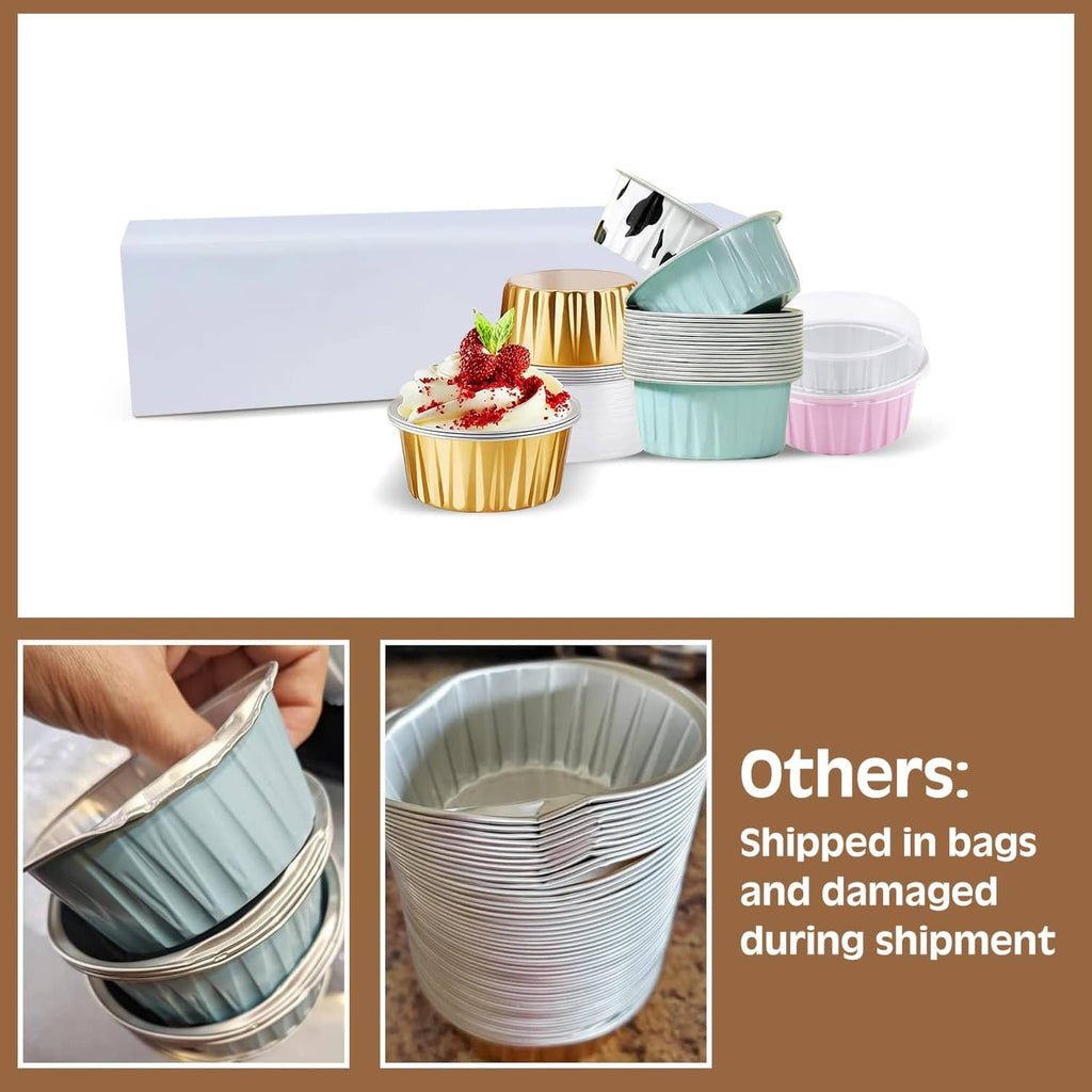 Mixed-color disposable ramekins with clear round lids, stacked and packed for shipping