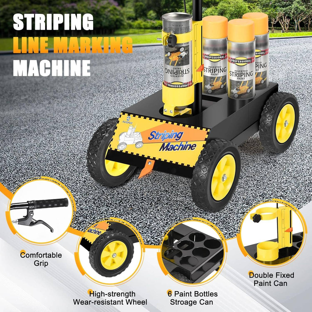 Line striping machine with paint can holders and chunky tread wheels