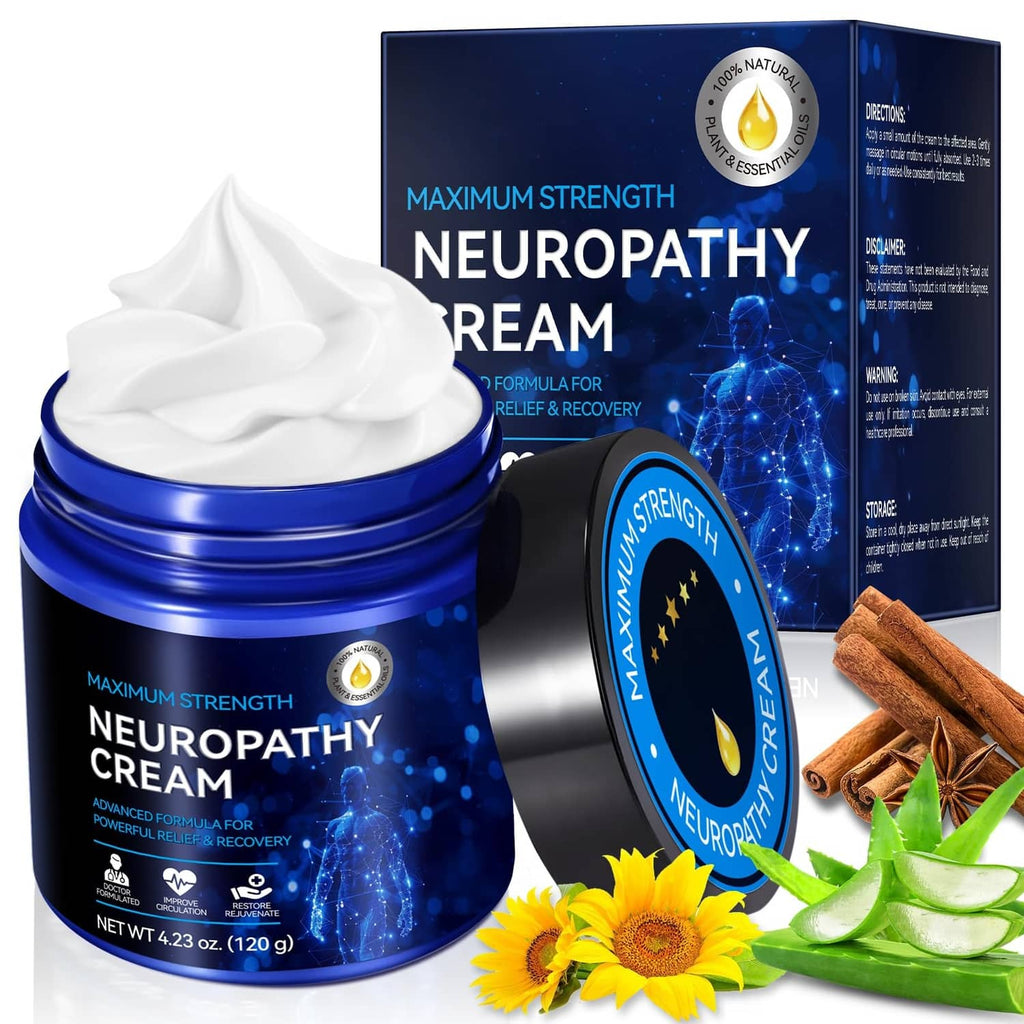 Maximum strength neuropathy cream jar with blue box and botanical ingredient accents