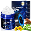 Maximum strength neuropathy cream jar with blue box and botanical ingredient accents