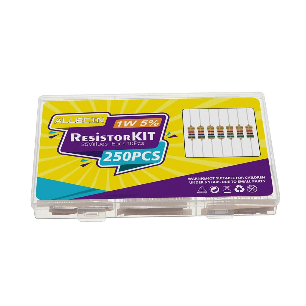 ALLECLIN 1W 5% resistor kit box label with 250pc and resistor values