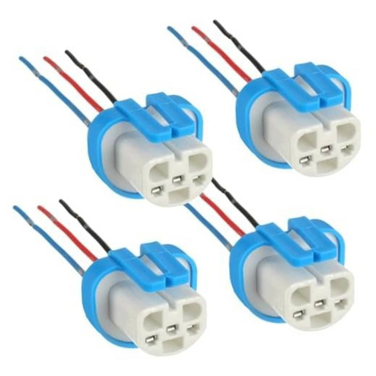 4-pack headlight wiring harness with blue 3-pin connectors and color-coded wires