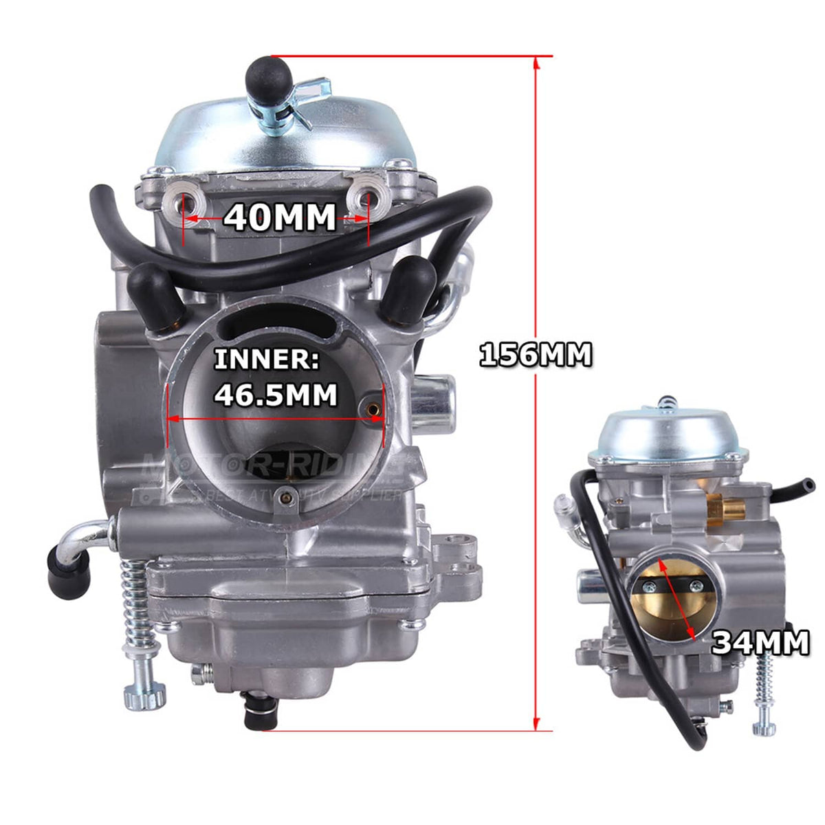 Carburetor and fuel pump kit showing front and side views with labeled dimensions