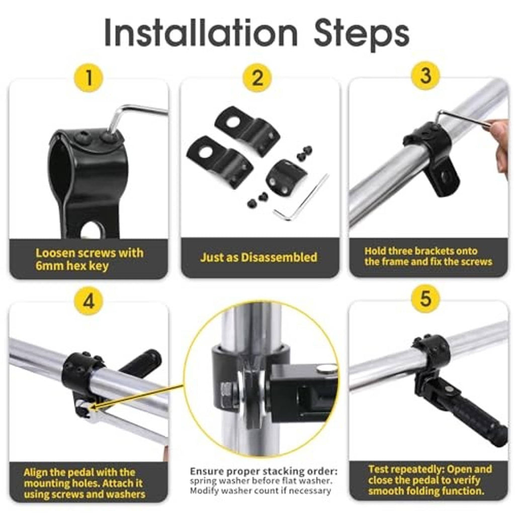 Motorcycle foot rest installation steps diagram with mounting frame bracket parts