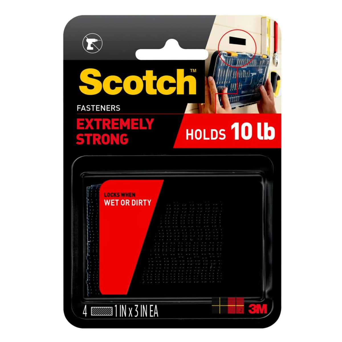 Scotch Extreme interlocking fastener strips pack, includes four 1 in x 3 in strips