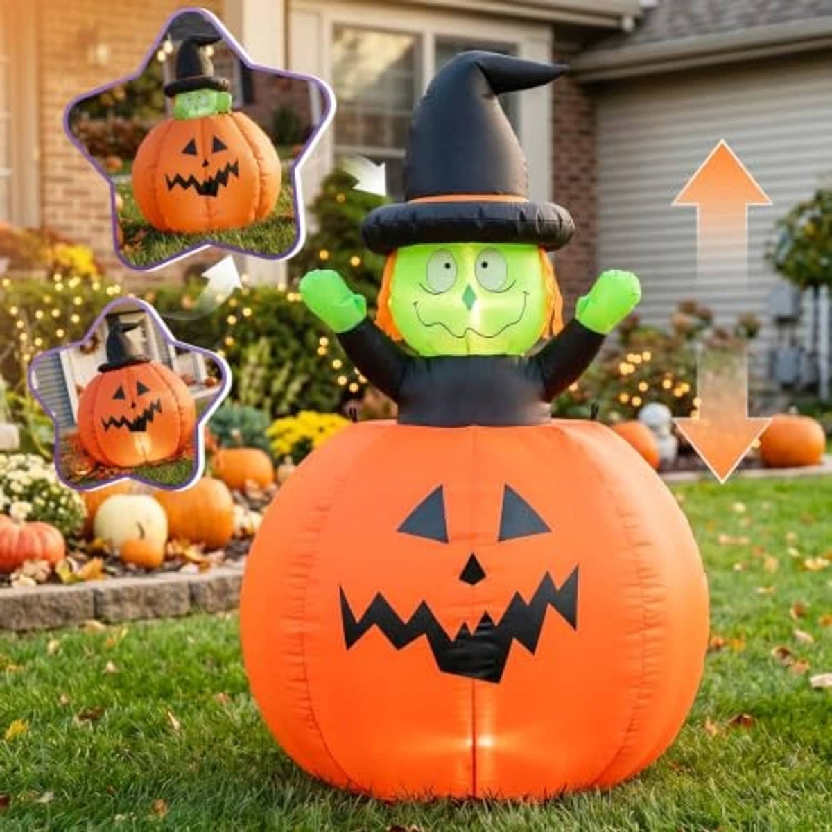 Halloween inflatable pumpkin witch decoration set with large and small orange jack-o-lantern figures
