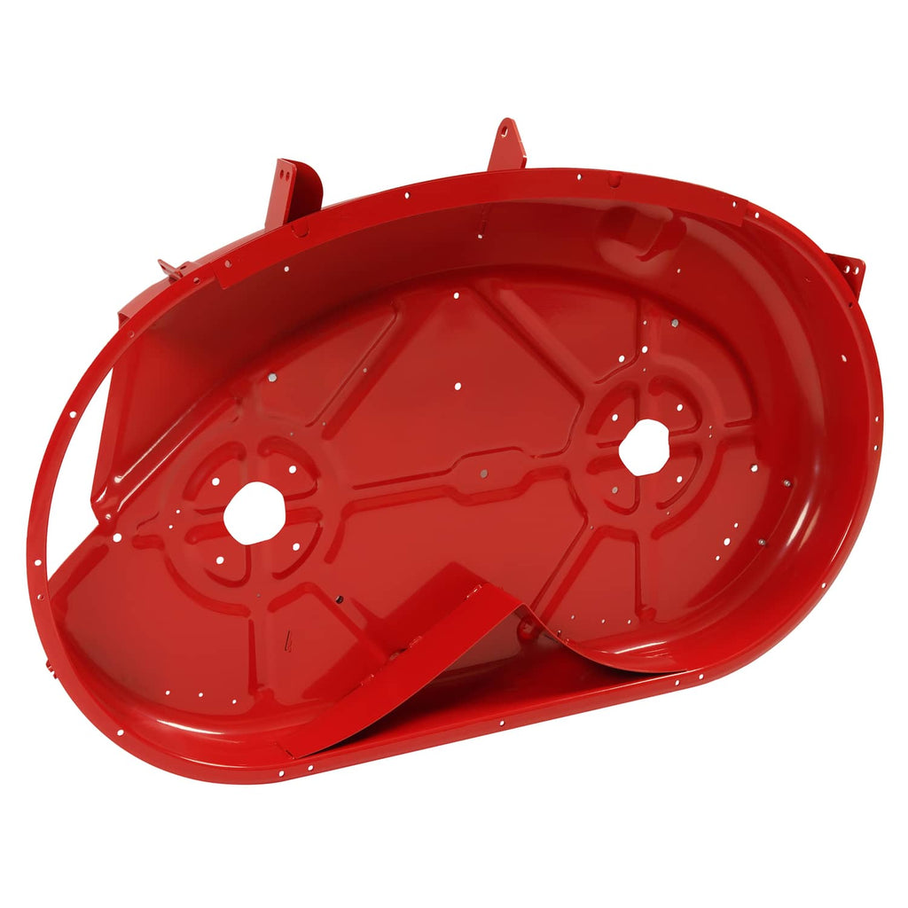 Red lawn mower deck base with wheel-drive cutouts and welded reinforcing ribs
