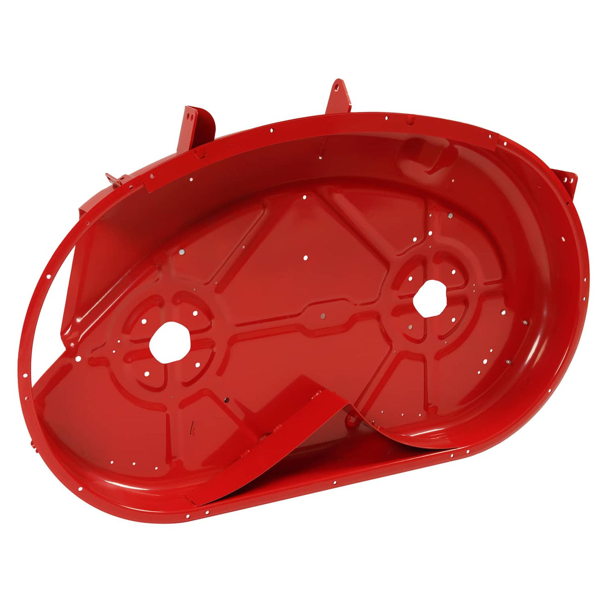 Red lawn mower deck base with wheel-drive cutouts and welded reinforcing ribs