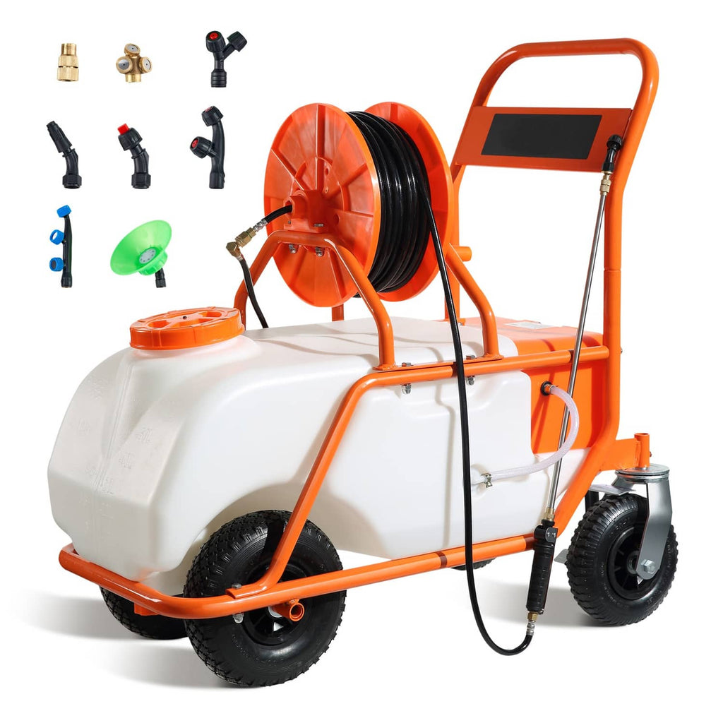 Battery lawn sprayer cart with white tank, orange frame, hose reel, and nozzle attachments