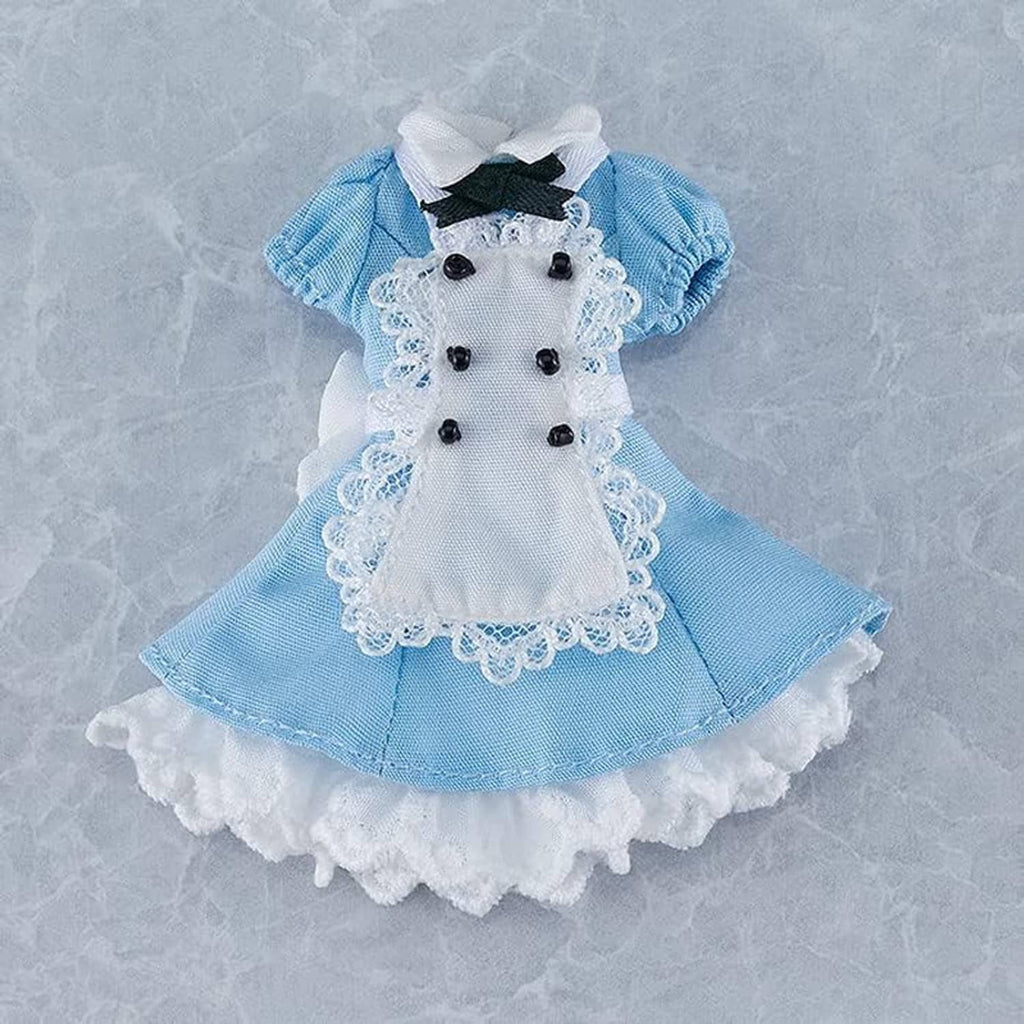 Kids blue dress with black bow and white lace apron with bow detailing outfit set