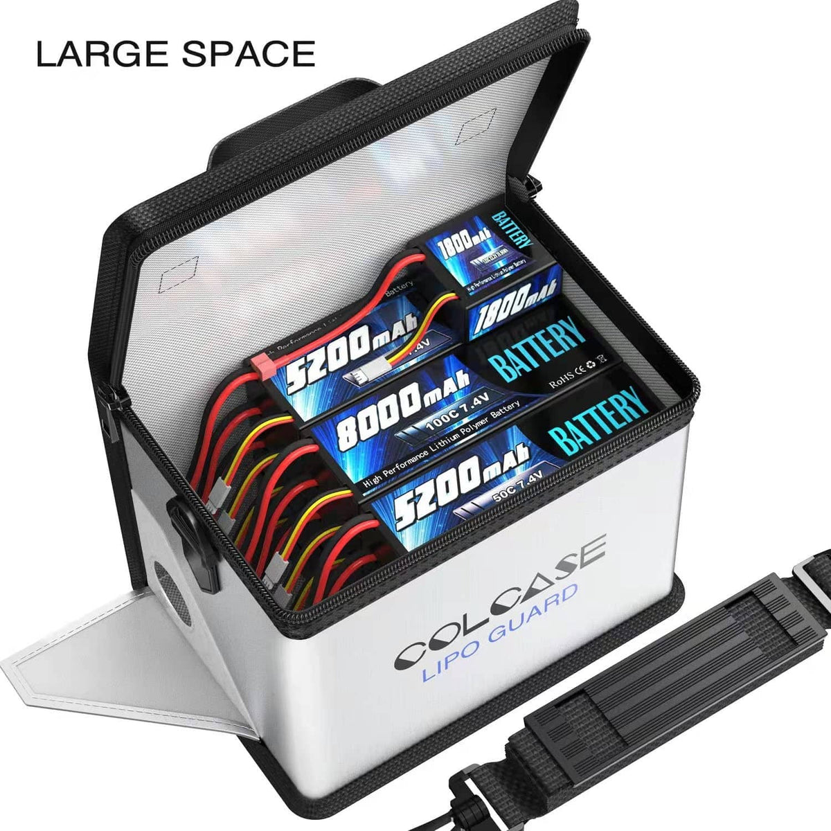 Colcase Lipo Guard storage bag open with multiple battery packs inside and black zipper