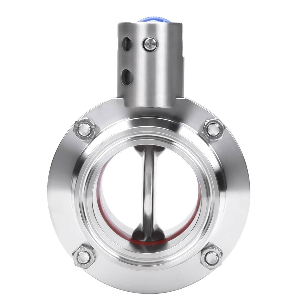 Stainless steel tri-clamp butterfly valve body with open disc and blue pull handle