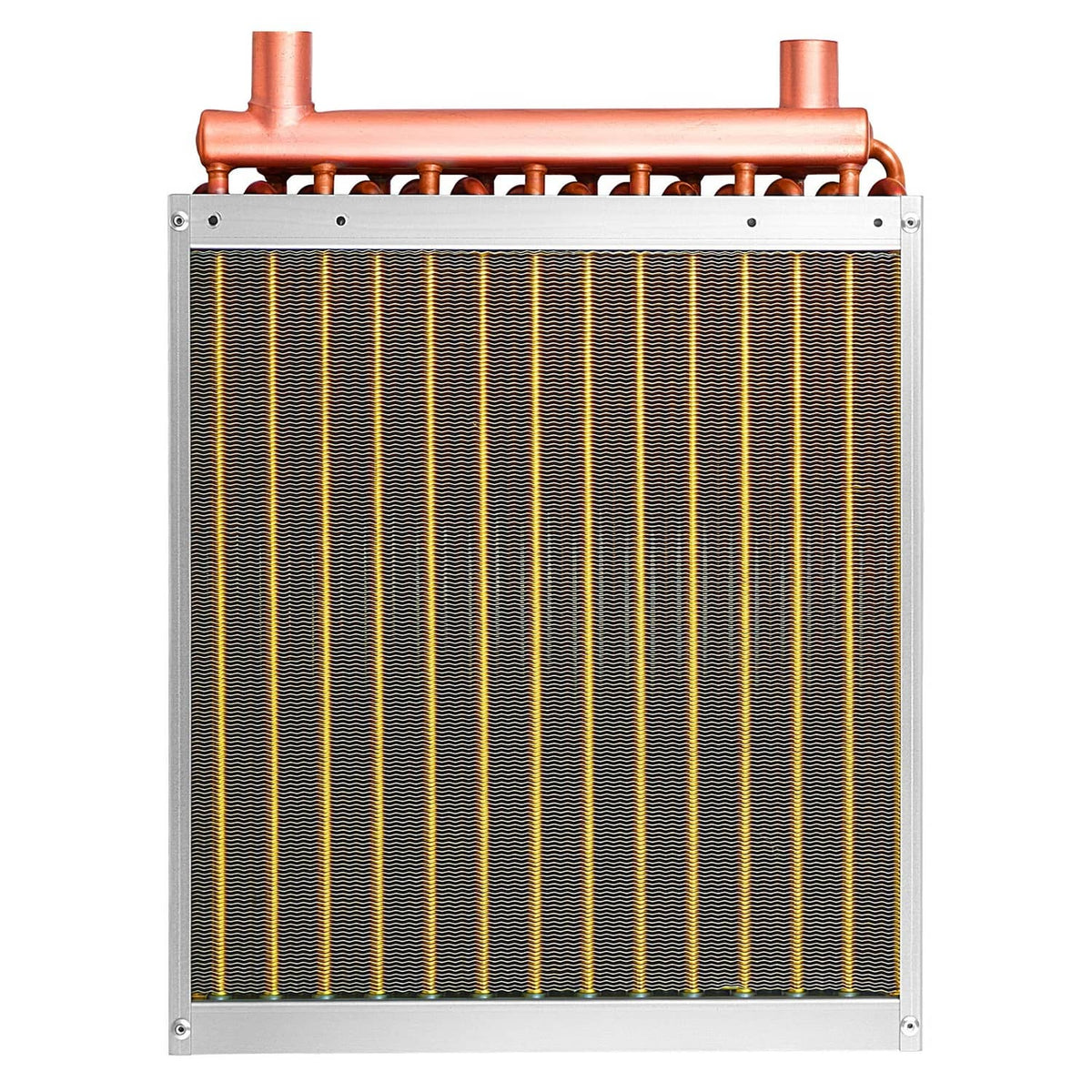 HVAC water-to-air heat exchanger coil with top copper tubes and dense fin core