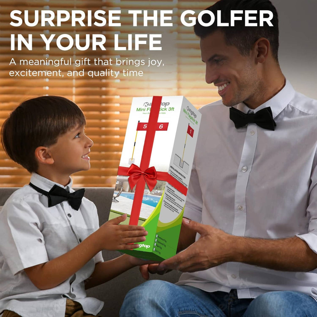KINGTOP mini golf flagstick product box with red #5 flag and yellow pole
