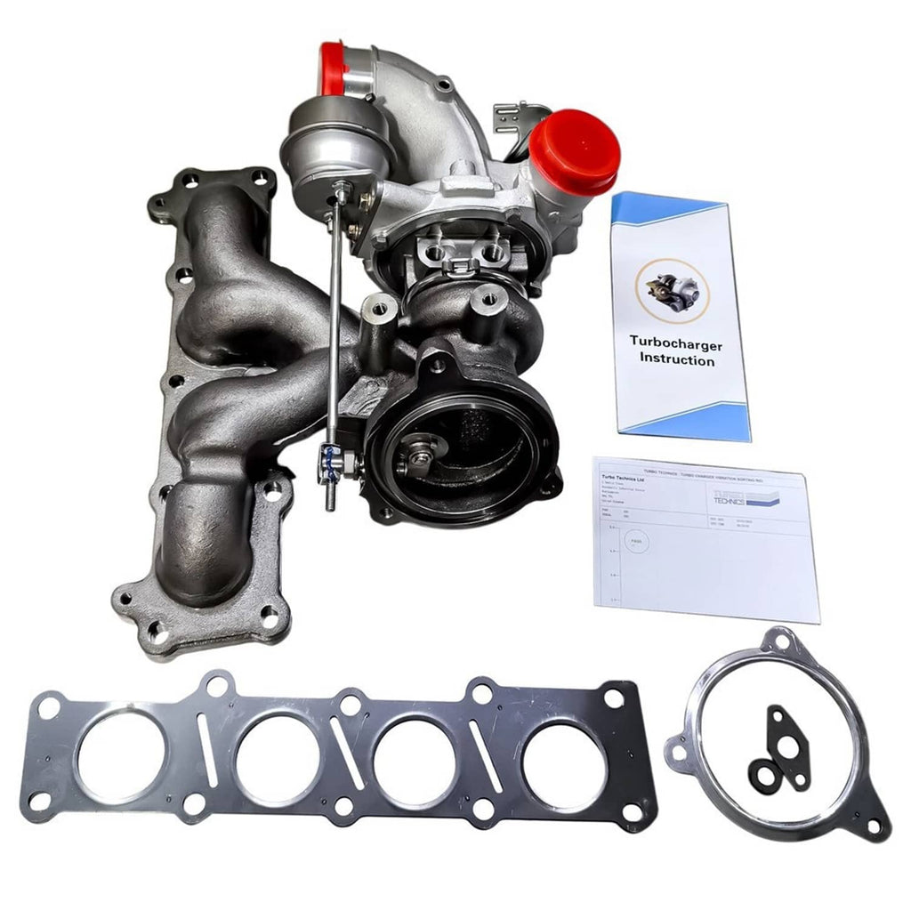Turbocharger assembly with metal housings, intake pipe, and red vacuum cap
