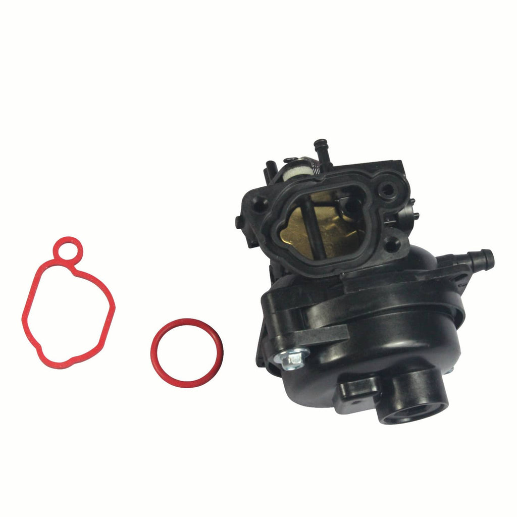 Black carburetor with air intake opening and two red gasket seals