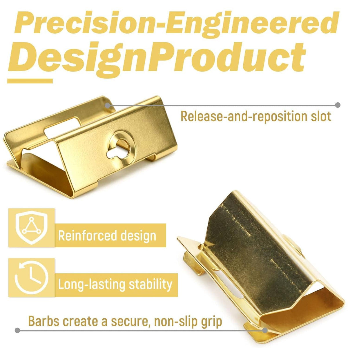 Electrical box repair clips with reinforced barbs and release slot; gold metal, round hole