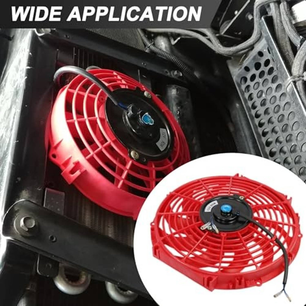 Red 12V radiator cooling fan mounted in an engine bay with visible motor hub