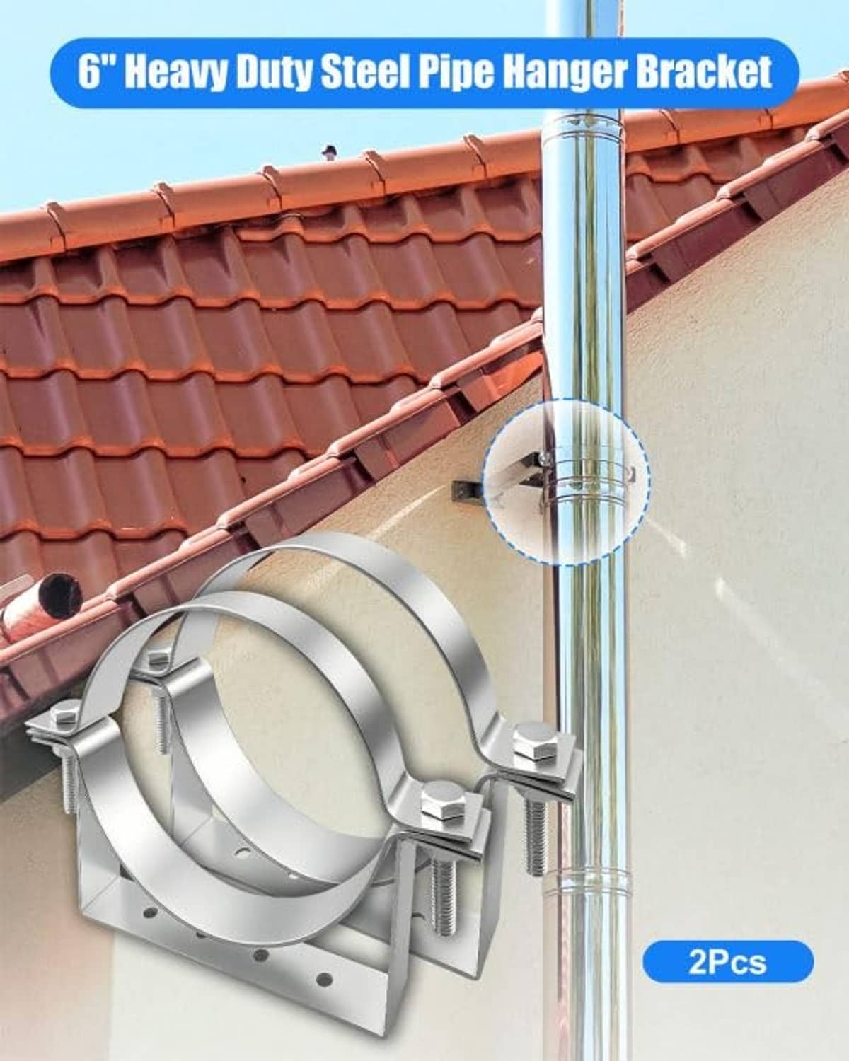 6-inch heavy duty steel pipe hanger bracket holding a vertical pipe on roof