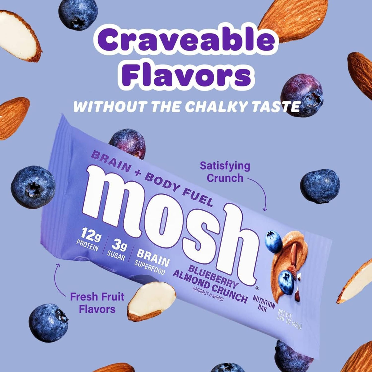 Blueberry almond crunch protein bar with purple-blue wrapper and fruit nut graphics