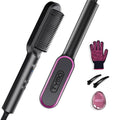 Black hair straightener brush with purple ring control panel, glove and attachments included