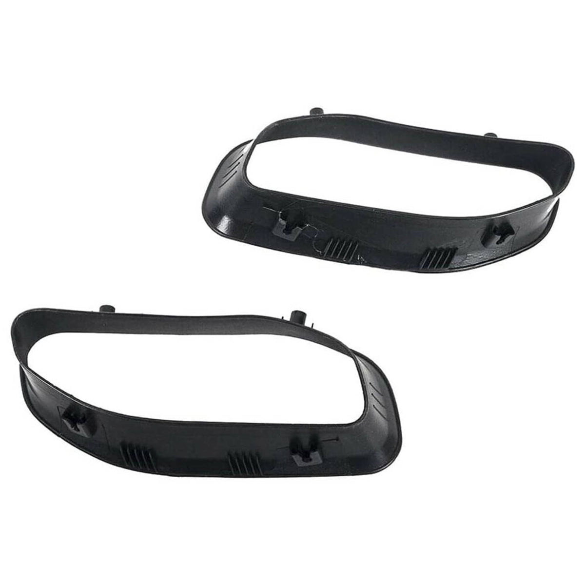 Two black tow hook bezel covers with snap tabs, molded slots, and textured surface