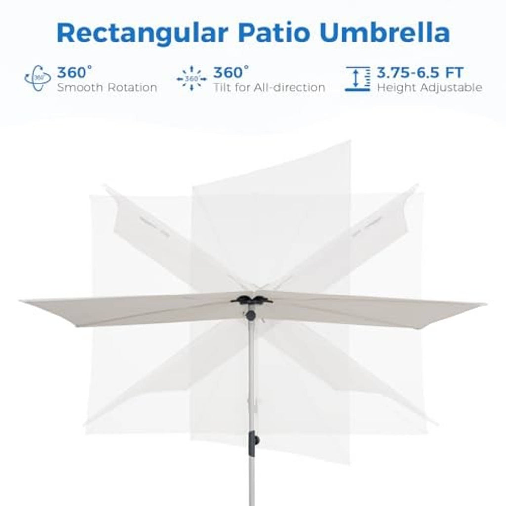Beige rectangular patio umbrella with vented seams and black hub on center pole