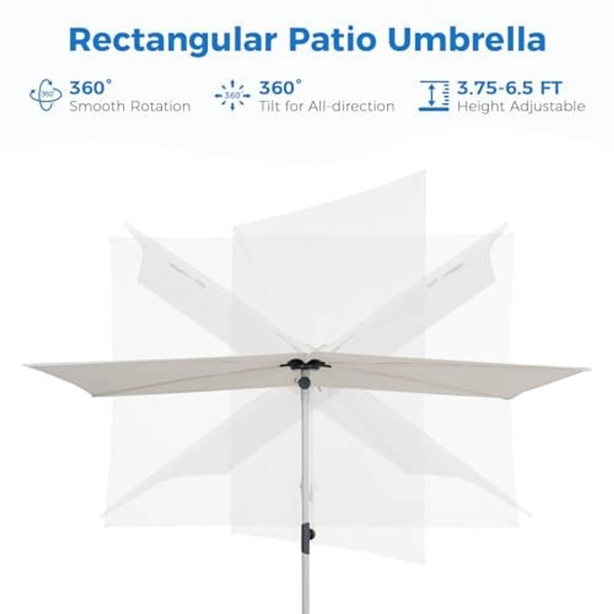 Beige rectangular patio umbrella with vented seams and black hub on center pole