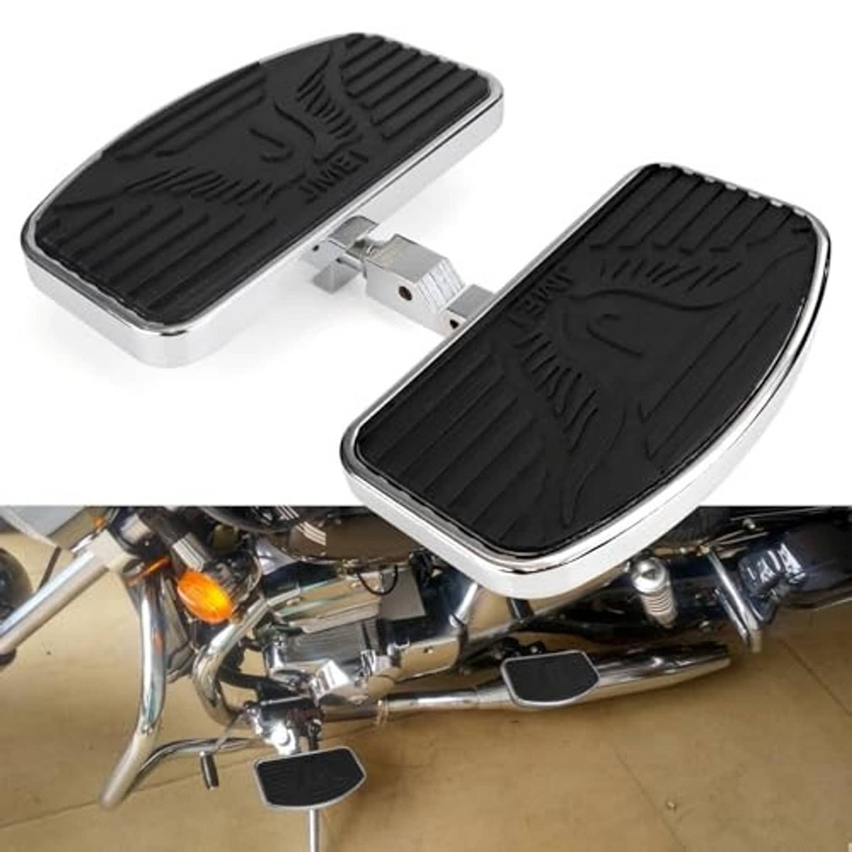 Motorcycle floorboard foot pegs set with black rubber tread and chrome trim, passenger pair