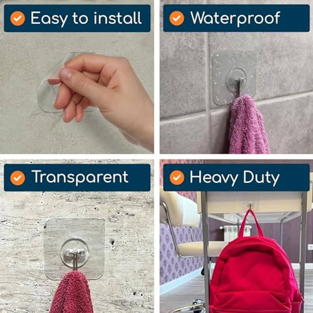 Adhesive hook features collage: easy to install, waterproof, transparent, heavy duty