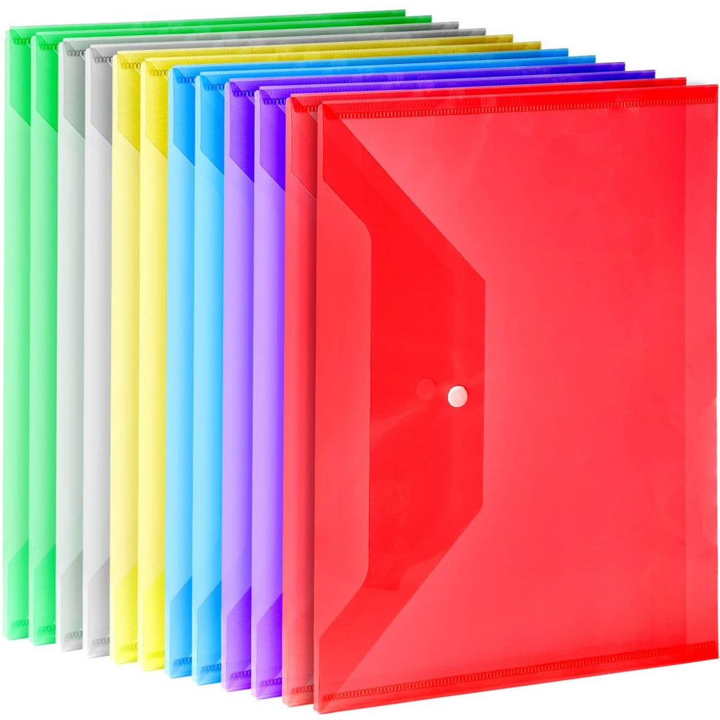Set of A4 plastic file envelopes in assorted colors with snap button closures