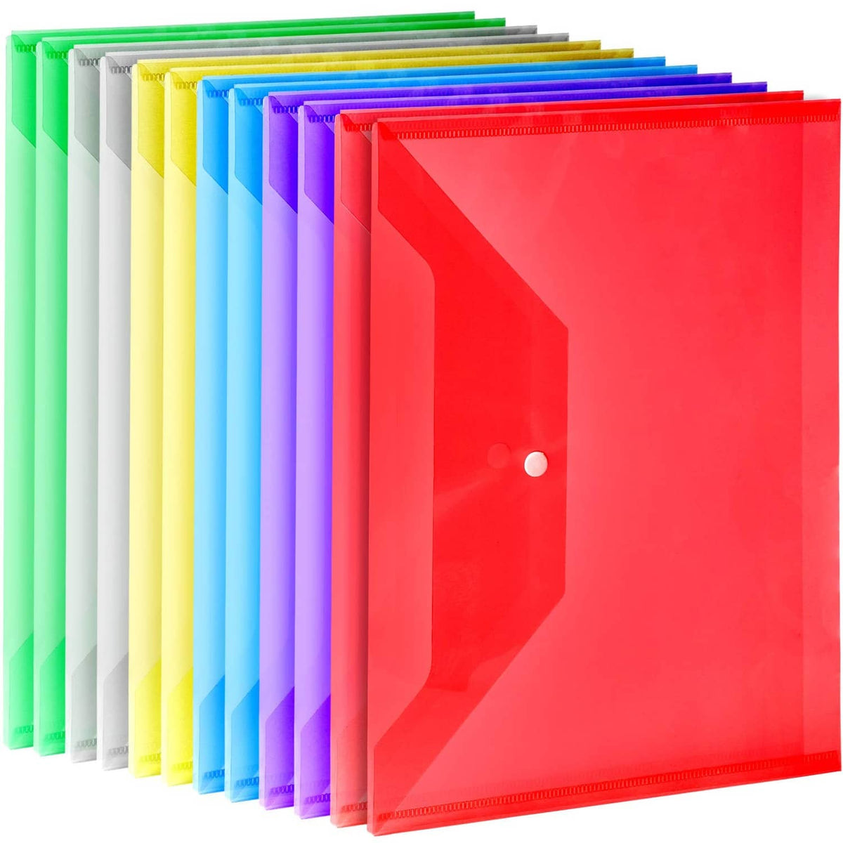 Set of A4 plastic file envelopes in assorted colors with snap button closures