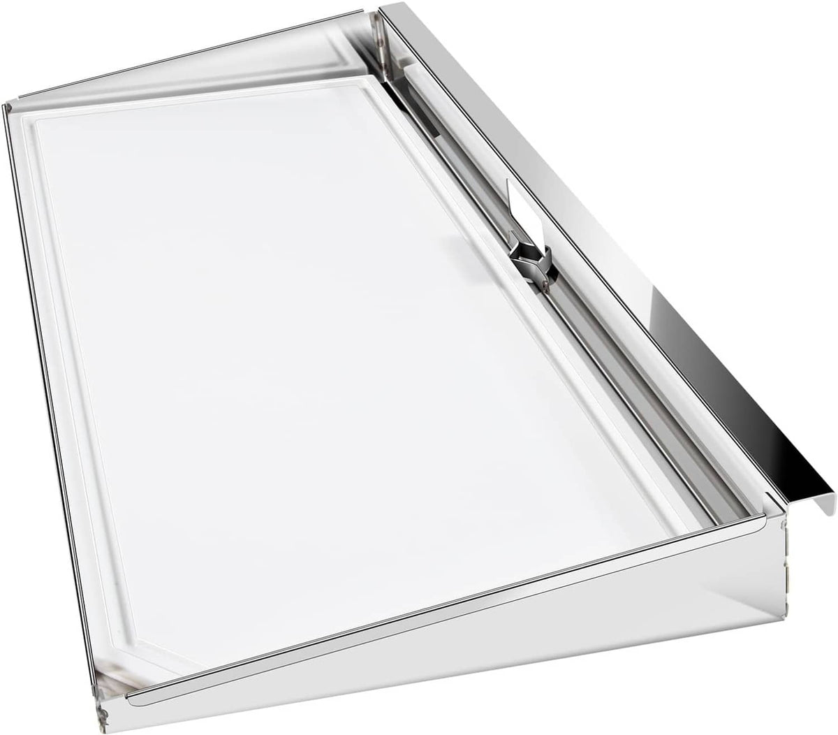Rectangular stainless-steel grill serving shelf opened with removable cutting board in place