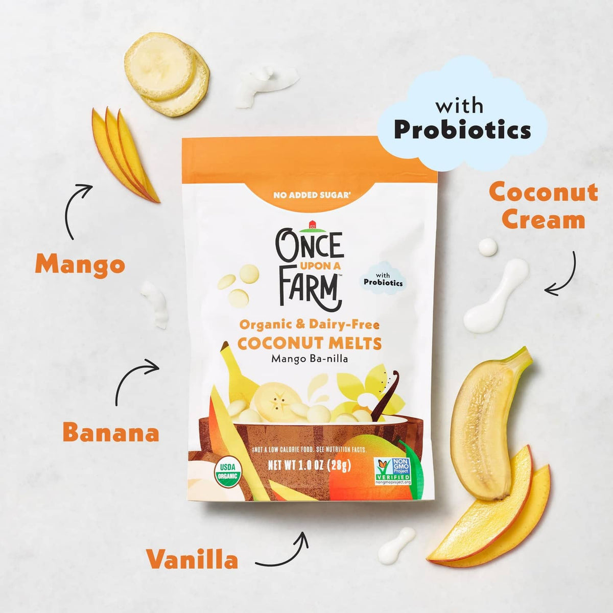 Organic coconut melts pouch with mango, banana, and vanilla flavor icons around it