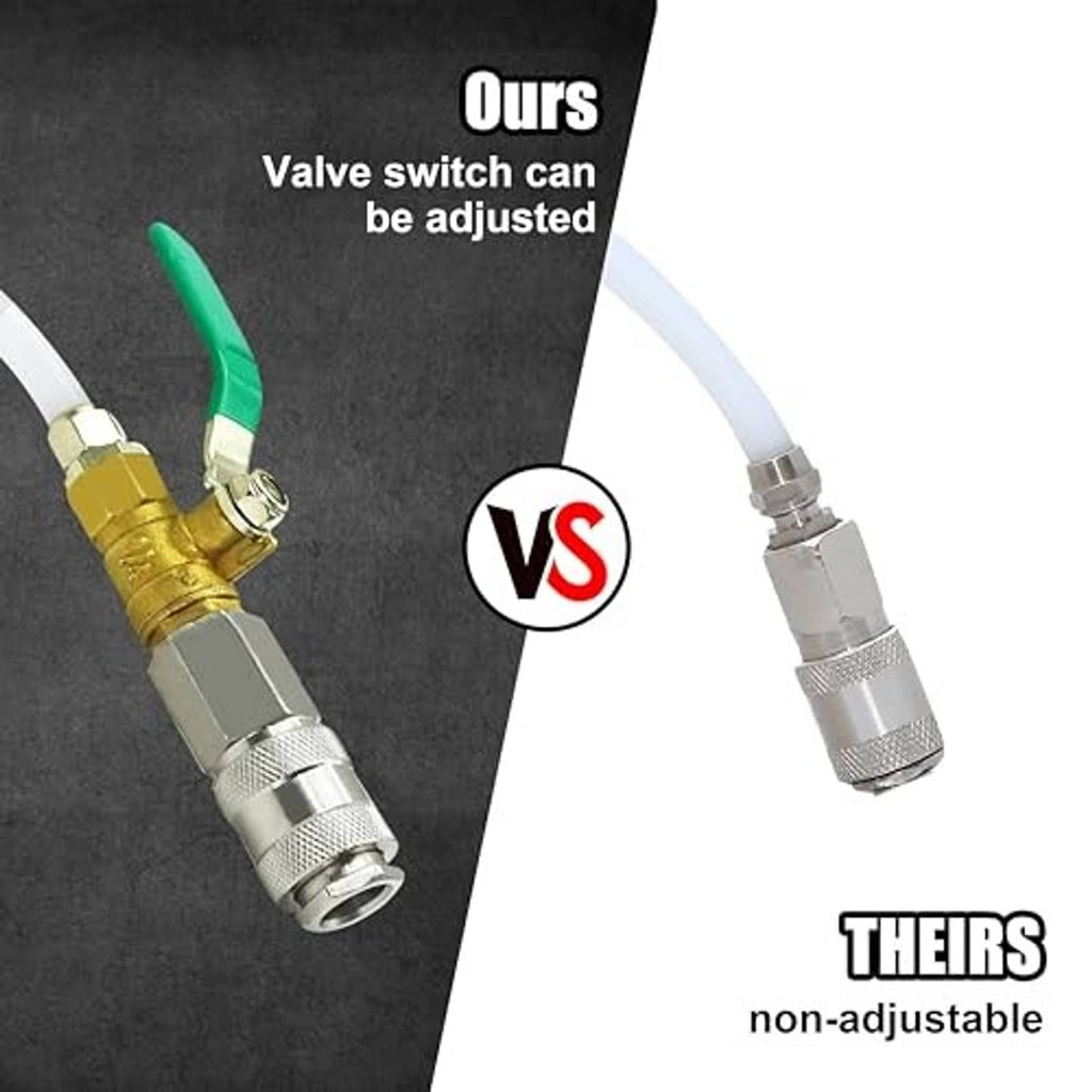 Brake bleeder hose fitting with adjustable valve, green tube, and threaded connectors